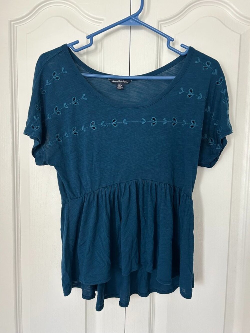 American Eagle Teal Embroidered Floral Peplum Top Size XS